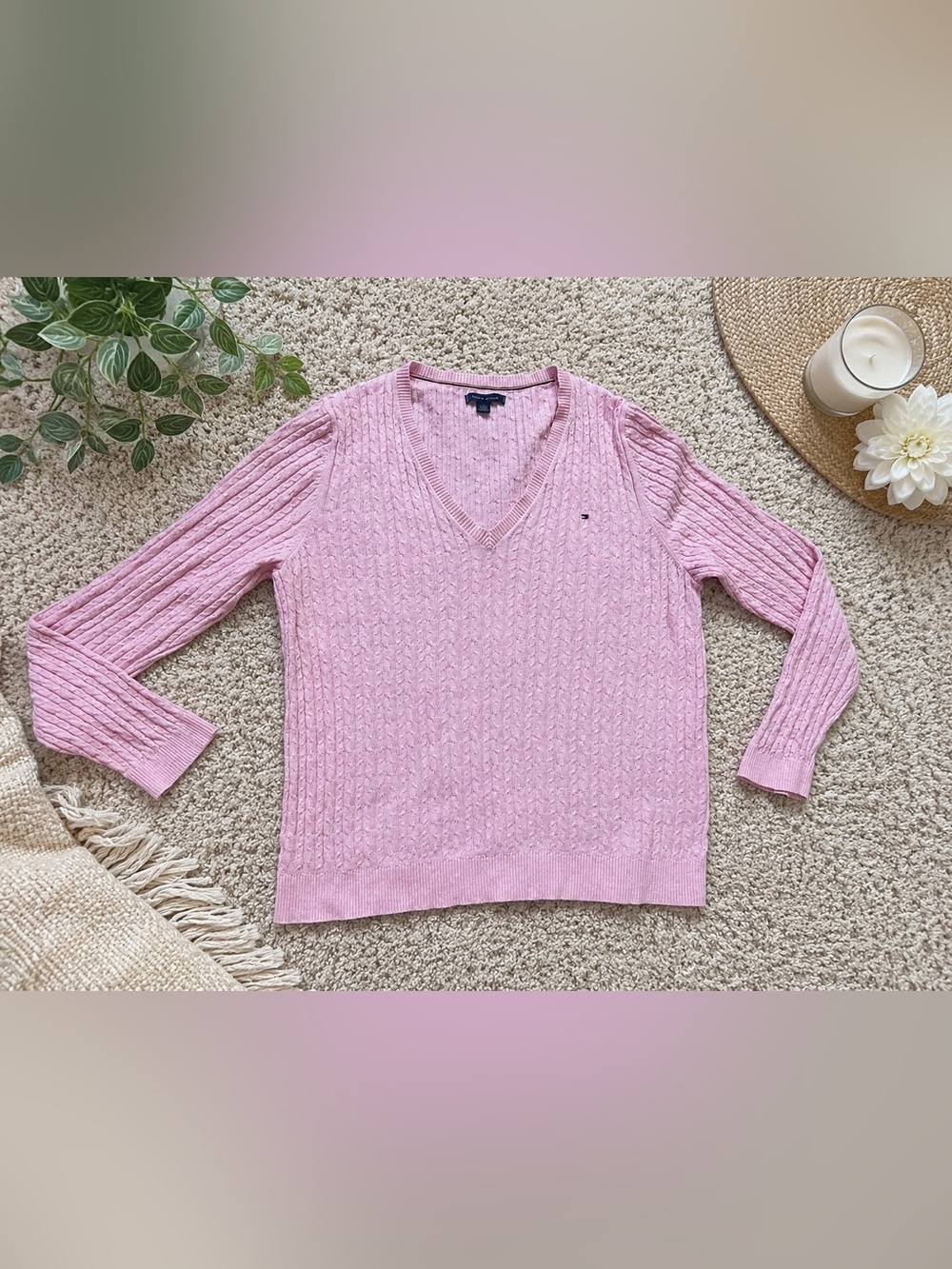 💗Tommy Hilfiger Pink Cable Knit V-Neck Sweater XL 100% Cotton Classic Preppy💗
